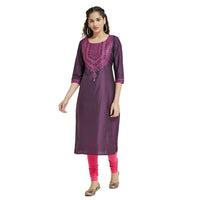 Kashish Women's  Viscose Embroidered Round Neck Straight Fit Kurta