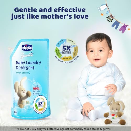 Chicco Baby Liquid Laundry Detergent, 5X Stain & Germ Fighter, Kills 99% of Germs, Dermatologically Tested, Effective & Gentle Cleaning, Fresh Springs, Refill pack (500 ML)