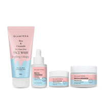 Glamveda Rice & Ceramide 4 Step Daily Skincare Routine Gift Box | Face wash, Serum, Under-eye cream, Moisturizer | For Clear, Glass Korean Skin, Bright & Hydrated Skin