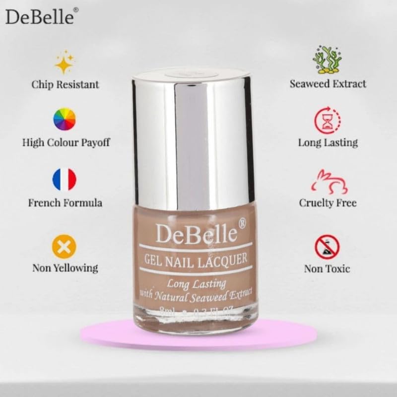 DeBelle Gel Nail Polish Coco Bean (Light Brown Nail Paint)|Non UV - Gel Finish |Chip Resistant | Seaweed Enriched Formula| Long Lasting|Cruelty and Toxic Free| 8ml Glossy Finish