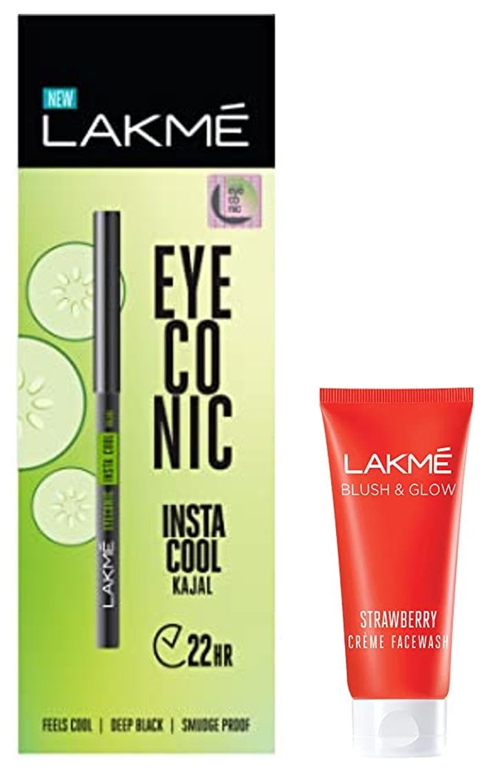 Lakmé Strawberry Creme Face Wash, 100g & Lakmé Eyeconic Insta Cool Kajal, Black, Cooling Kohl Liner with Cucumber, Twist Up Pencil - Waterproof, Smudge Proof & Long Lasting Eye Makeup, 0.35 g