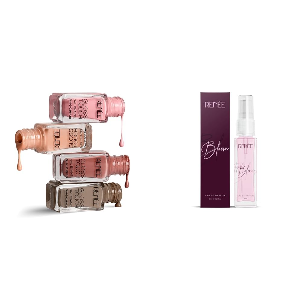 RENEE Gloss Touch Glossy Finish Nail Paint Set Of 4 & Eau De Parfum Bloom 8 Ml Combo
