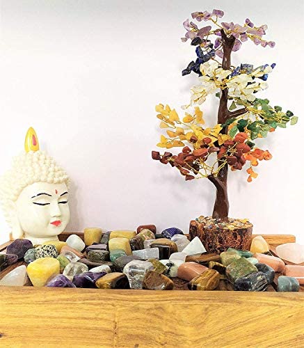 Seven Chakra Tree of Life, Crystal Tree for Positive Energy - Feng Shui Tree, Artificial Tree, Crystal Decoration, Money Tree, Handmade 7 Chakra Tree, Stone Tree, Healing Crystals, Spiritual Gifts 001 Seven Chakra (Golden Wire)
