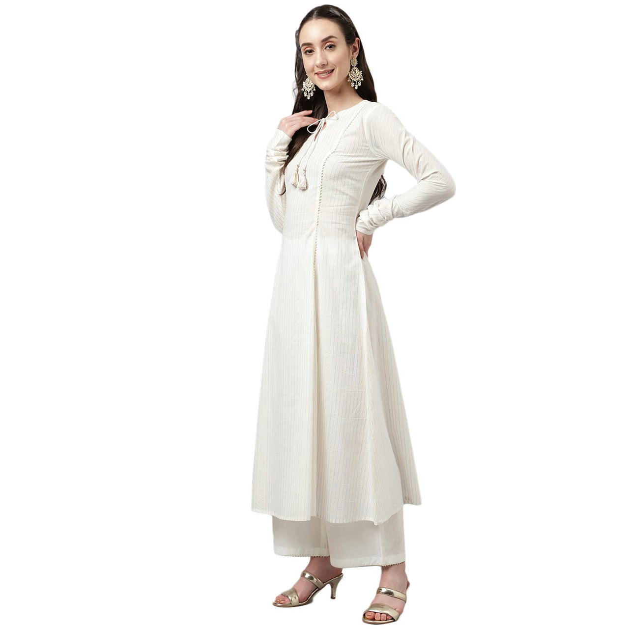 FIORRA Women's  Off White Pure Cotton Flared Kurta with Palazzo and Dupatta S