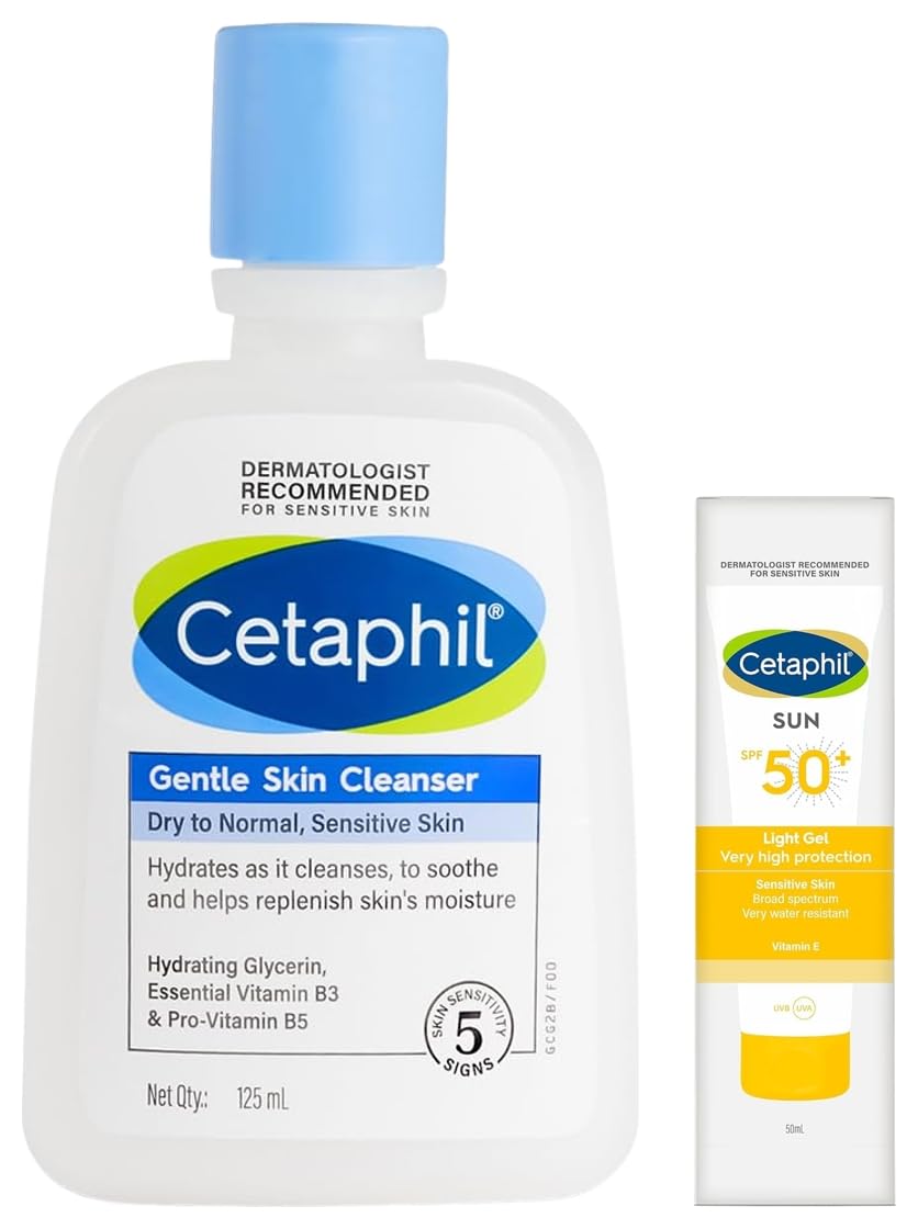 Cetaphil Gentle Skin Cleanser 125 ml Hydrating with Niacinamide Vitamin B5 Combination Skin Sun Spf 50 Sunscreen Very High Protection Light Gel Water Resistant Vitamin E 50 Ml Pack Of 1