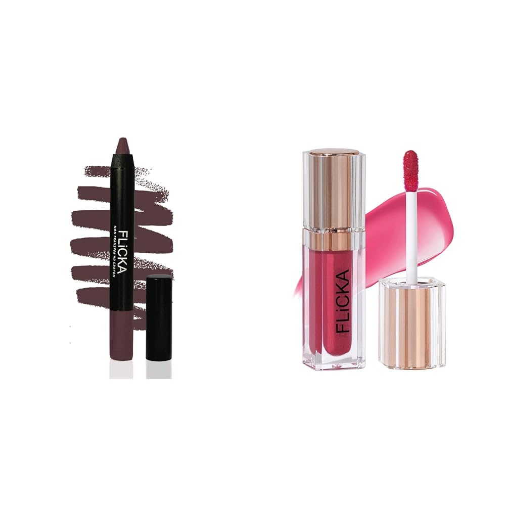 FLiCKA Matte Lasting Lipsence Crayon Lipstick| Smudge Proof, Matte Finish And Waterproof| Long Lasting Upto 18Hrs, 06 Foody, 3.5ml Shimmery Affair Lip Gloss 6 Gin Baby Pink 5ml