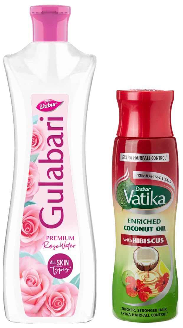Dabur Vatika Enriched Coconut Hair Oil With Hibiscus, 300 Ml & Dabur Gulabari Premium Rose Water with No Paraben for Cleansing and Toning, 400 ml
