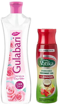 Dabur Vatika Enriched Coconut Hair Oil With Hibiscus, 300 Ml & Dabur Gulabari Premium Rose Water with No Paraben for Cleansing and Toning, 400 ml