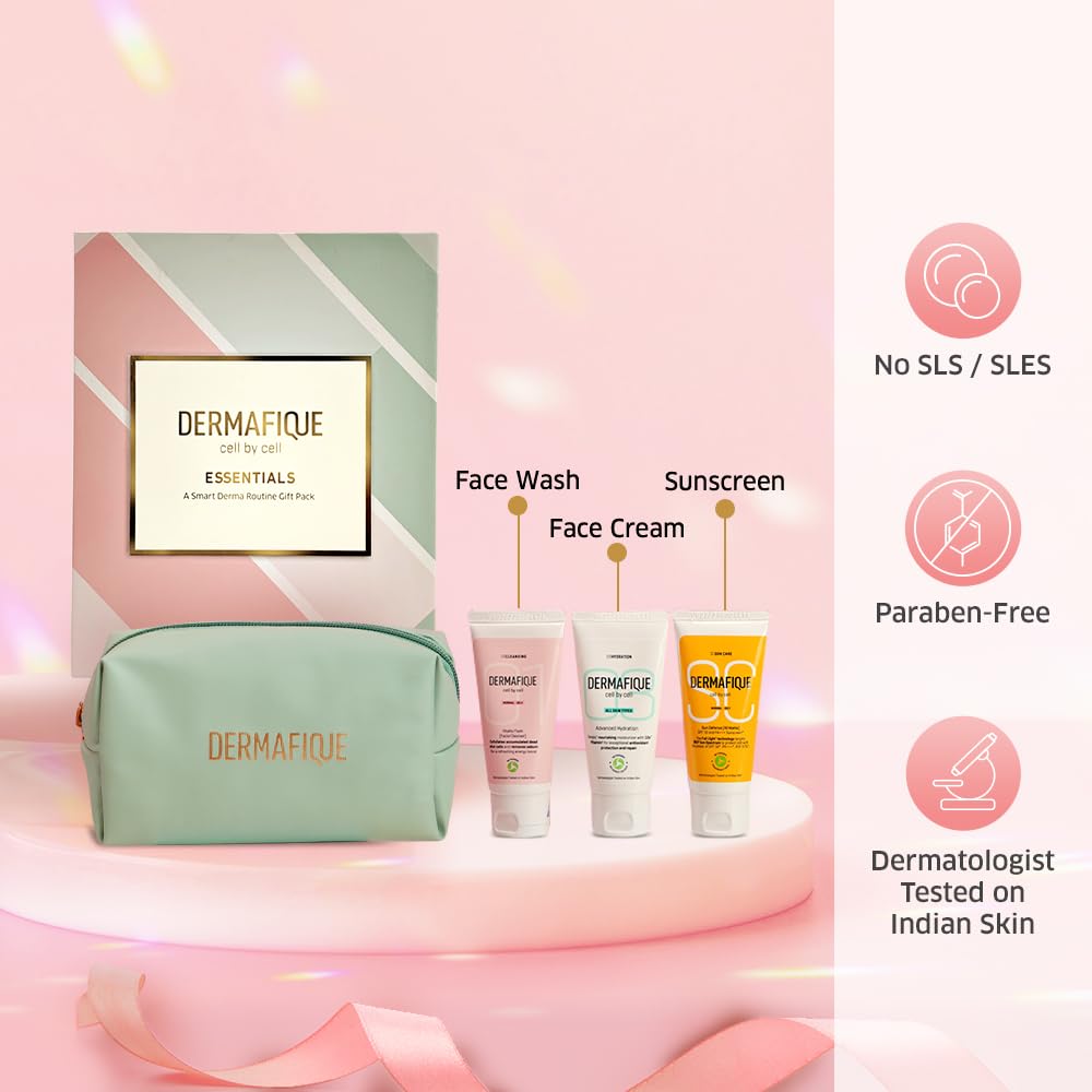 Dermafique Gift Essentials- A Smart Skincare Routine Gift Set of 3, Sunscreen, Face Wash, Face Cream, Gifts for Women & Men, Dermatologist Tested, Gift Item, Best Birthday, Anniversary Gift by ITC