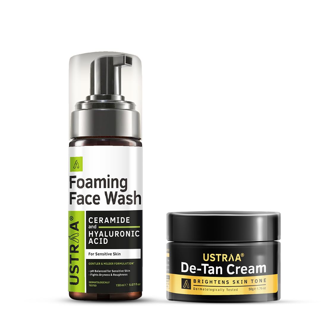 Ustraa Gentle Brightening Kit - Foaming Face Wash - For Sensitive Skin - 150 ml | Moisture Retention | with Ceramides & De-Tan Cream 50g - For Tan removal | With Japanese Yuzu | Prevents Dark Spots