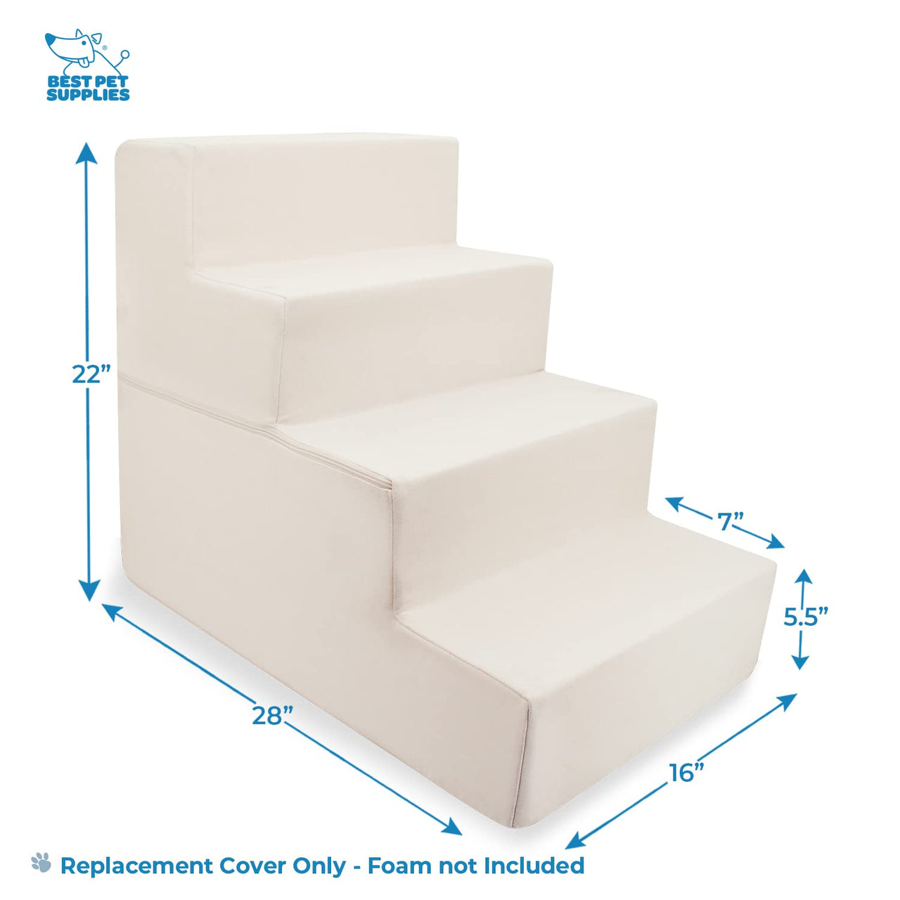Best Pet Supplies Foldable Pet Stairs Cover for Foam Dog Ramps, Replacement Slip with Non-Slip Step Surface, Plush and Soft Fabric, Provides Paw Traction and Stability - Ivory, 4-Step