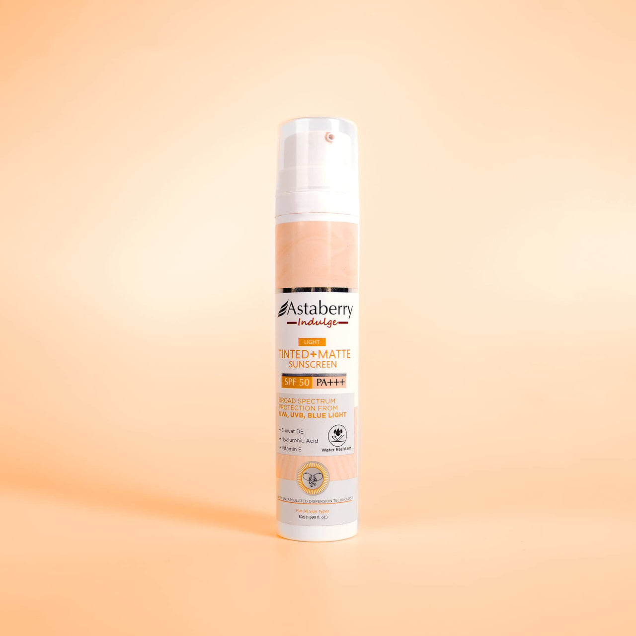 ASTABERRY Indulge Tinted Matte Sunscreen SPF 50 PA+++ | Broad Spectrum Protection from UVA/B & Blue Light | Suncat DE & No White Cast |Provides a Light Tint - 50g (Light), All