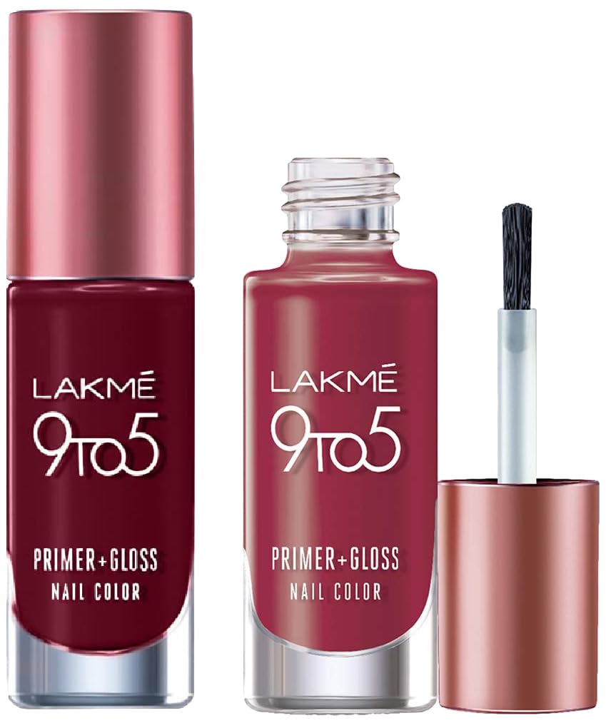 Lakmé 9to5 P+G Nail Color Smokey Crimson 6ml & Lakmé 9 to 5 Primer + Gloss Nail Colour Combo