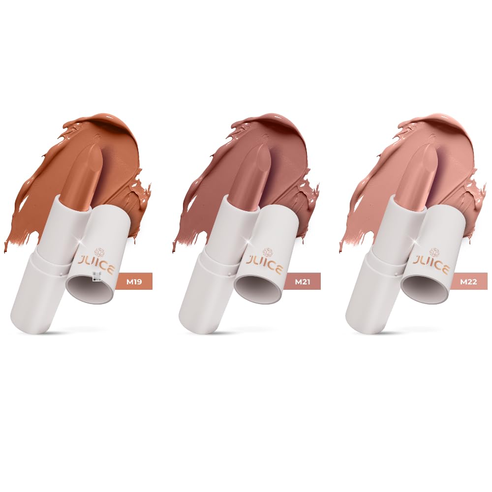 Juice Kiss Sensation Lipstick with Goodness of Bio Retinol, UV Protection & Long lasting Lipstick, Pack of 3 (Balmy Brown - M19, Creamy Nude - M21, Not Really Nude - M22)