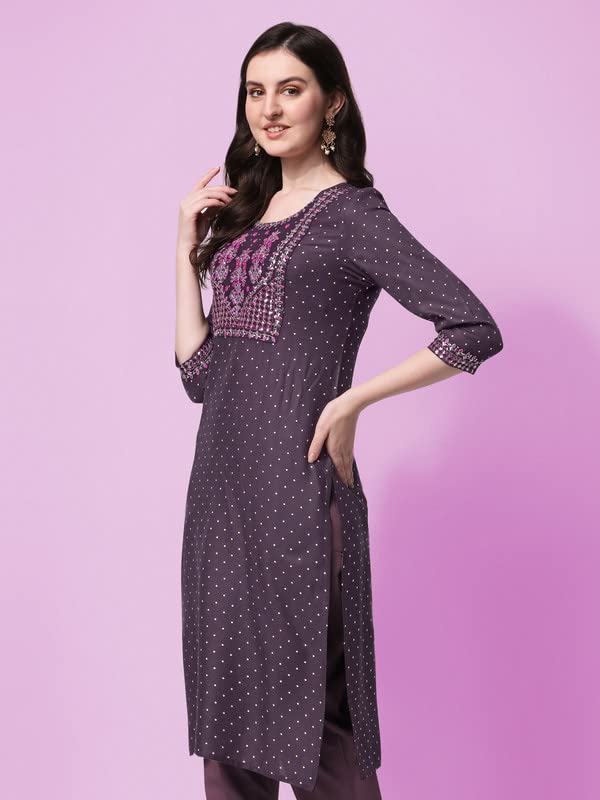 SOURBH Women's  Rayon Sequins Embroidered and Polka Dots Printed Straight Fit Kurti Only 2XL Purple