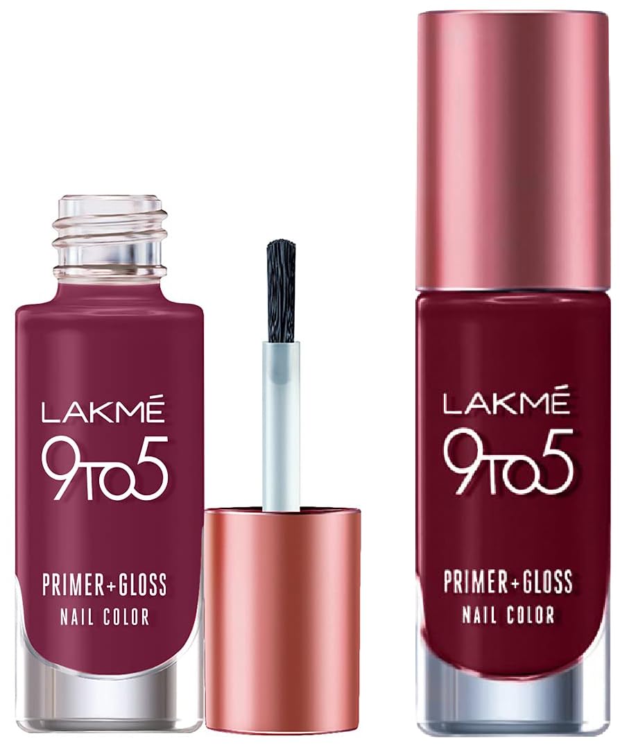 Lakmé 9to5 P+G Nail Color Smokey Crimson 6ml & Lakmé 9To5 Primer + Glossy Finish Nail Colour Combo