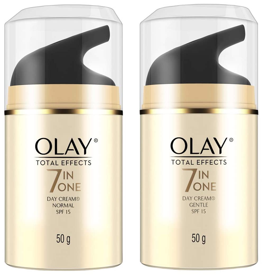 Olay Day Cream Total Effects 7 in 1, Anti-Ageing Gentle Moisturiser, 50g And Olay Day Cream Total Effects 7 in 1, Anti-Ageing SPF 15, 50g