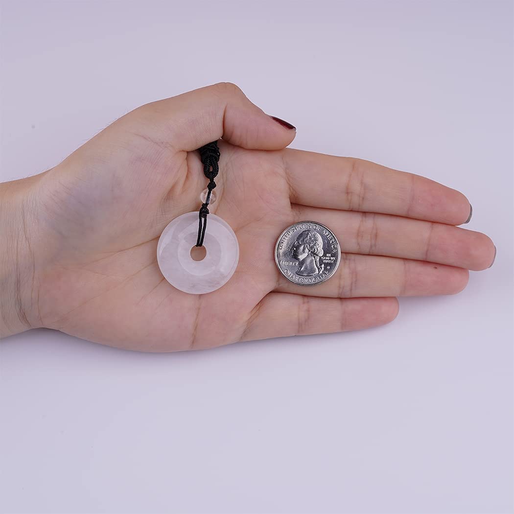 ASGIFT Lucky Coin Crystal Necklace 30mm Round Donut Natural Quartz Protection Pendant with Adjustable Rope Reiki Healing Crystal Stone Spiritual Necklaces for Men Women White-Clear Quartz