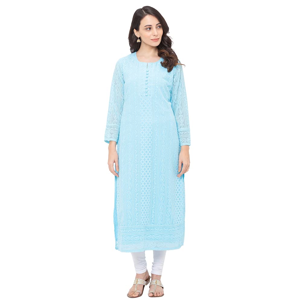 ZOLA Exclusive Georgette Round Neck with Full Sleeves and Calf Length Luckhnowi Chikan Kari Kurta with Button Placket on Yolk Ethnic Wear Straight Kurta for Women Pack of 1