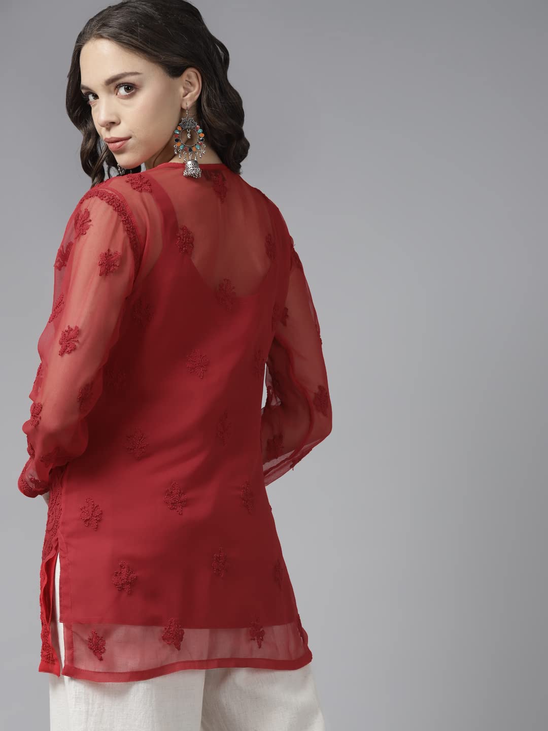 Ada Women's  Hand Embroidered Lucknowi Chikankari Georgette Short Top Kurti with Slip