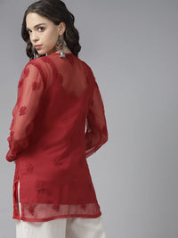 Ada Women's  Hand Embroidered Lucknowi Chikankari Georgette Short Top Kurti with Slip