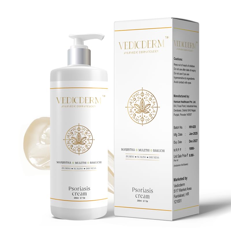 VEDICDERM Natural Psoriasis Cream for Dry Itchy Skin Steroid-Free Formula with Ayurvedic Herbs Helps Soothe Redness, Flakiness & Irritation Moisturizing Body Cream for Sensitive Skin (200ml Pack of 2)