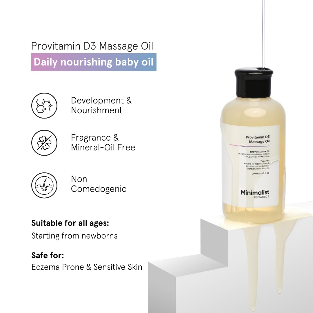 Minimalist Baby Massage Oil with Provitamin D3 | Fragance Free, Mineral Oil Free & Pediatrician Approved Baby Oil For Sensitive Skin | A Blend Of Coconut, Sunflower, Almond & Safflower Oil | 200ml