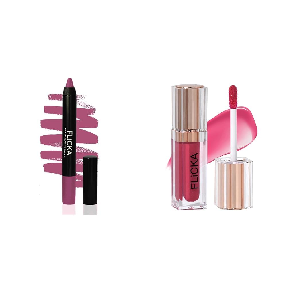 FLiCKA Matte Lasting Lipsence Crayon Lipstick| Smudge Proof, Matte Finish And Waterproof| Long Lasting Upto 18Hrs, 04 I Am On Diet, 3.5ml Shimmery Affair Lip Gloss 6 Gin Baby Pink 5ml