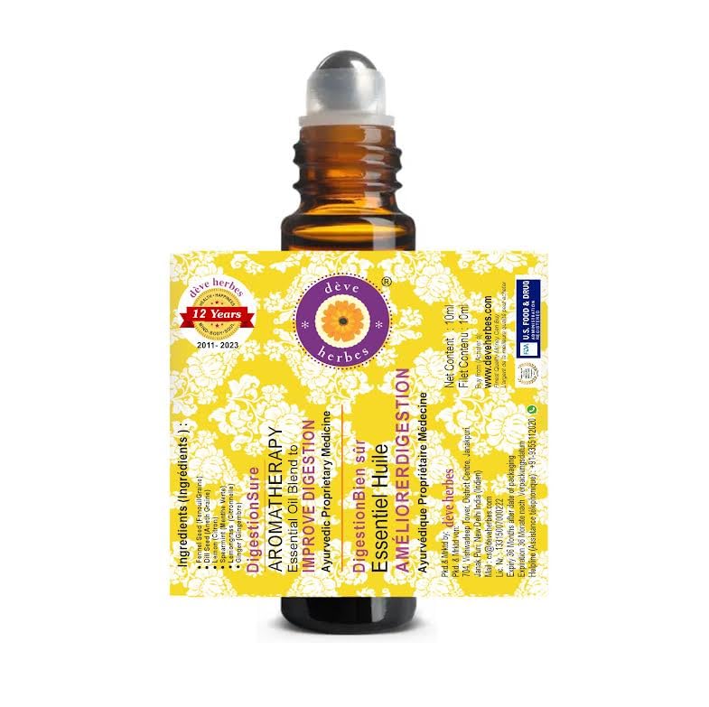 Deve Herbes IMPROVE DIGESTION - DigestoSure - Aromatherapy Essential Oil Blend of Fennel Seed, Dill Seed, Lemon, Spearmint, Lemongrass & Ginger Essential Oils 10ml