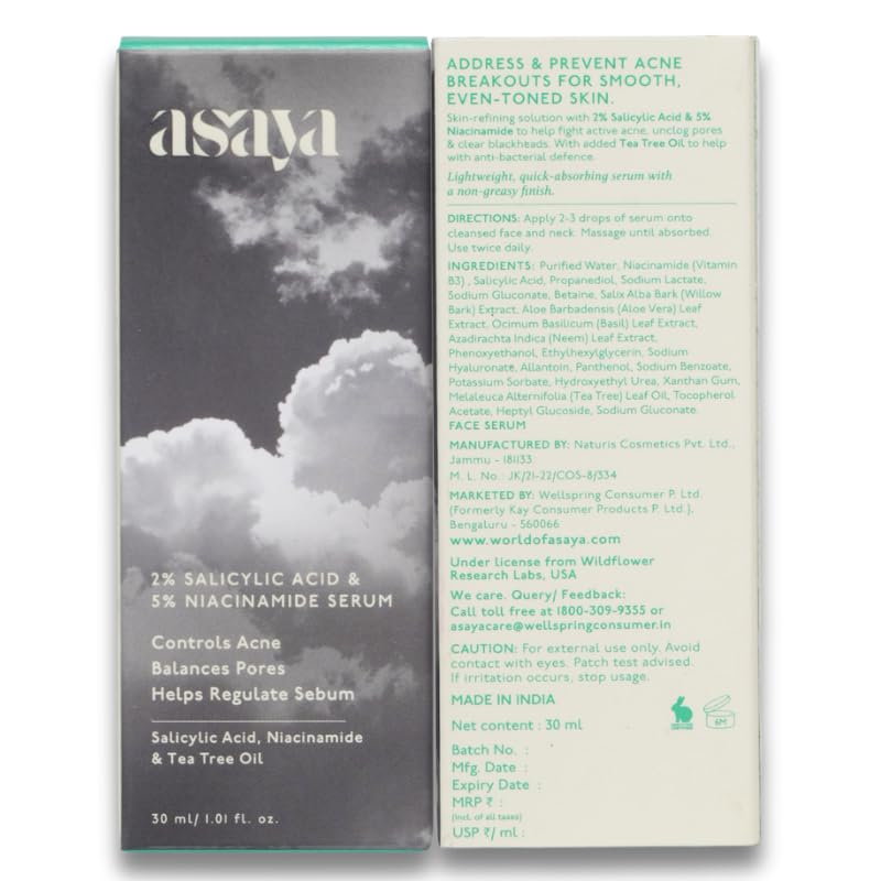 Asaya 2% Salicylic Acid Face Serum | 5% Niacinamide & Tea Tree Oil | Reduces Acne, Blackheads & Whiteheads | Unclogs Pores & Regulates Sebum | Fights Active Breakouts & Prevents Future Acne | Antibacterial & Anti-Inflammatory | Lightweight, Quick-Absorbin