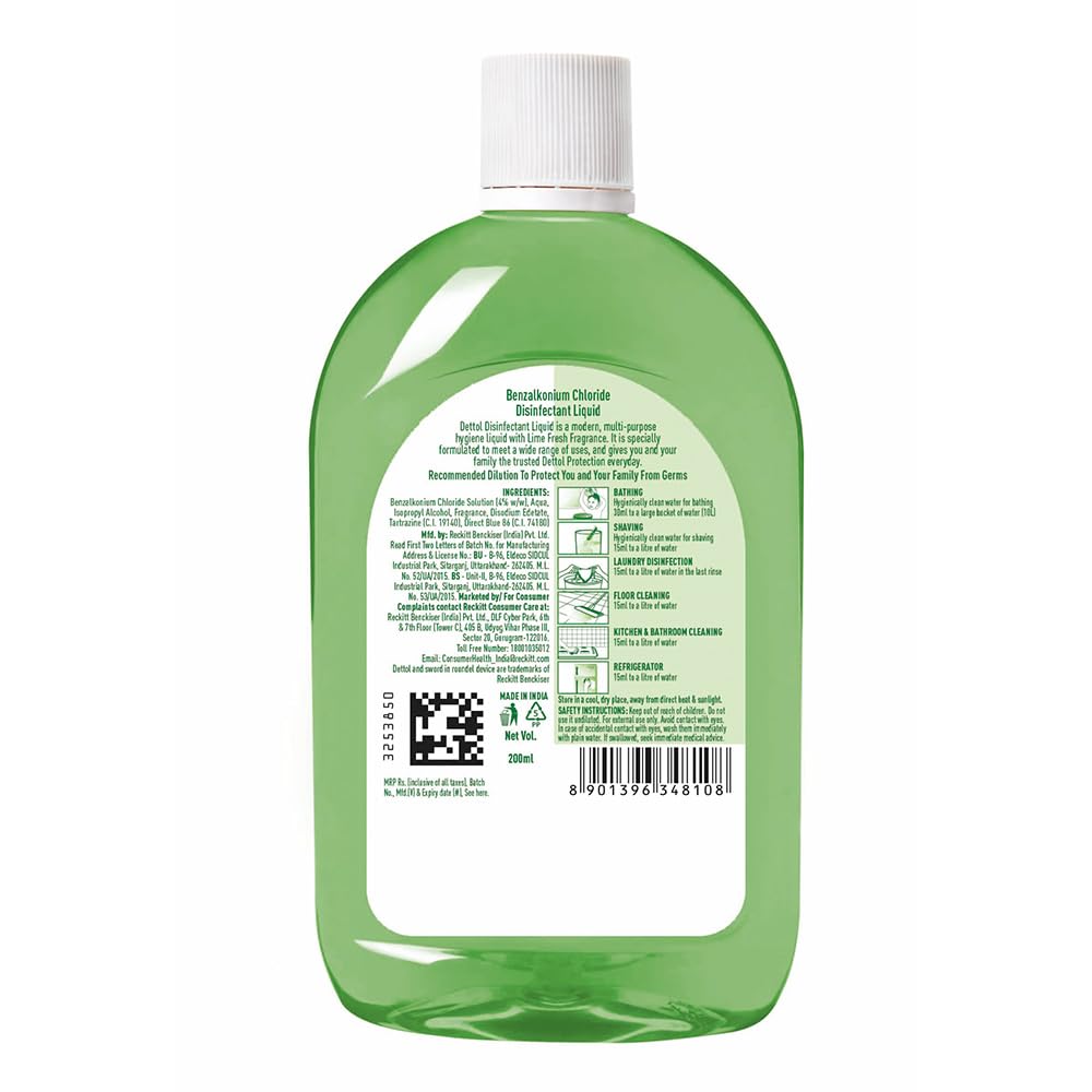 Dettol Liquid Disinfectant for Floor Cleaner, Surface Disinfection , Personal Hygiene (Lime Fresh , 200ml)