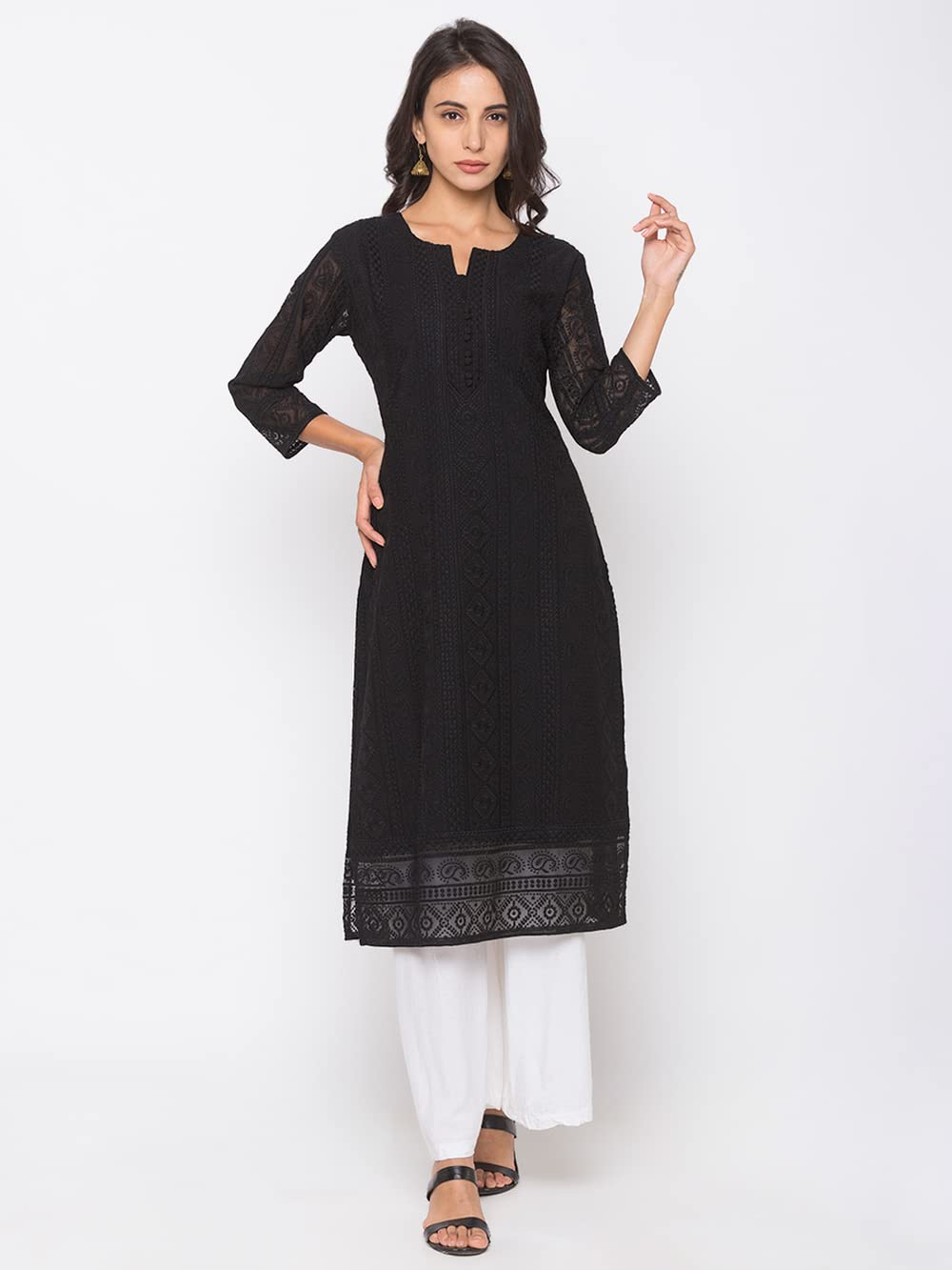ZOLA Exclusive Georgette Round Neck with 3/4Th Sleeves and Calf Length Luckhnowi Chikan Kari Kurta with Button Placket On Yolk Ethnic Wear Straight Kurta for Women