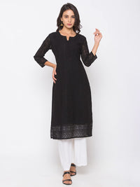 ZOLA Exclusive Georgette Round Neck with 3/4Th Sleeves and Calf Length Luckhnowi Chikan Kari Kurta with Button Placket On Yolk Ethnic Wear Straight Kurta for Women