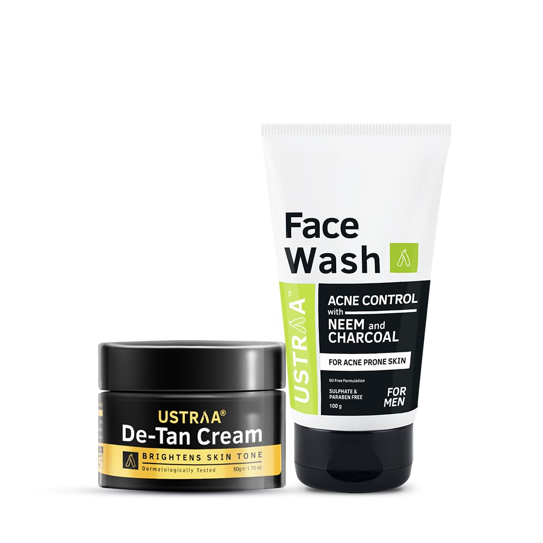 Ustraa Face Wash Acne Control - With Neem & Charcoal - 100g - Oil control, Prevents Acne & De-Tan Face Cream For Men - 50g | for Effective Tan Removal & Even Skin tone | Without Bleach