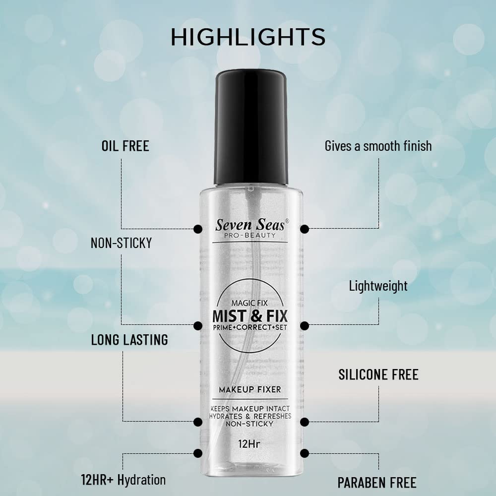 Seven Seas Mist & Fix Makeup Fixer Prime + Correct + Set 12Hrs Long Lasting Misty Finish Professional Makeup Fixer Spray For Face Makeup | Vitamin- E | (Transparent)