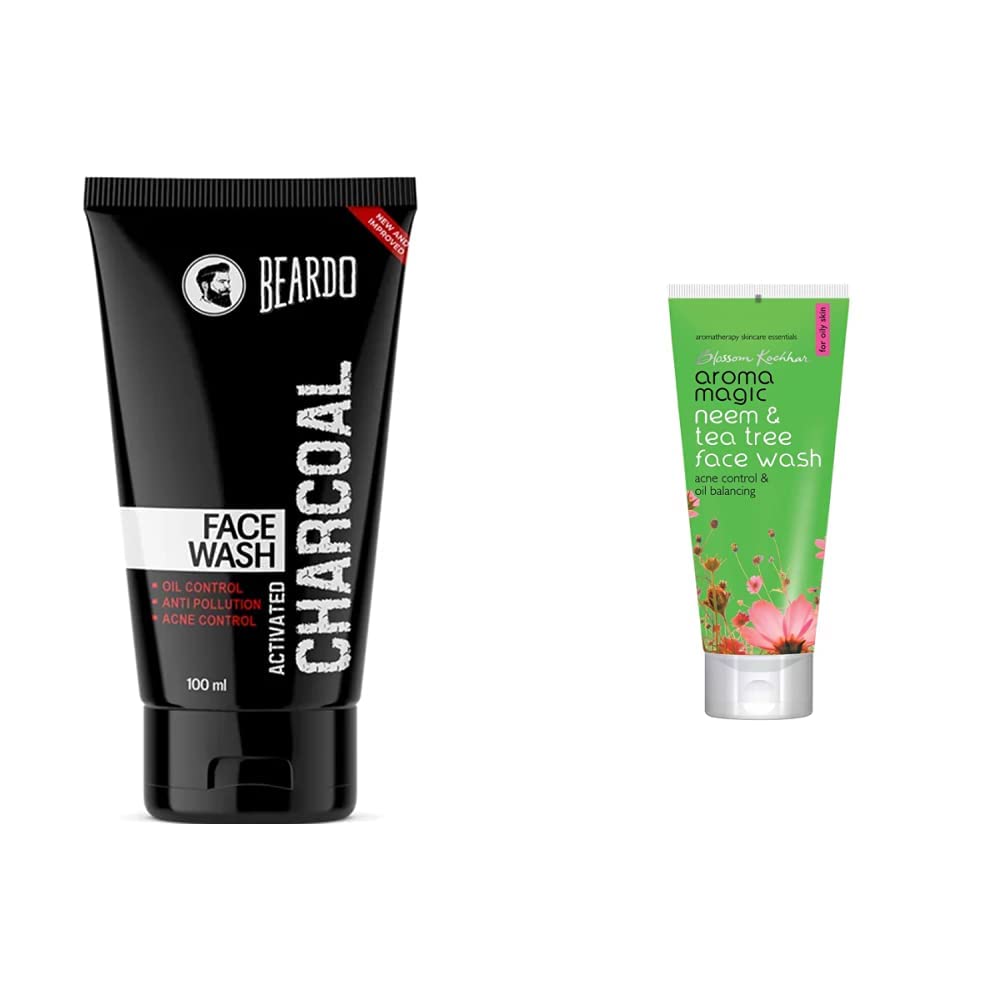 Beardo Activated Charcoal Acne Oil and Pollution Control Face Wash, 100ml and Aroma Magic Neem And Tea Tree Face Wash, 100ml
