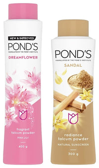 Pond's Dreamflower Fragrant Talcum Powder, Pink Lily, 400 G And Sandal Radiance Talcum Powder, Natural Sunscreen, 300 G
