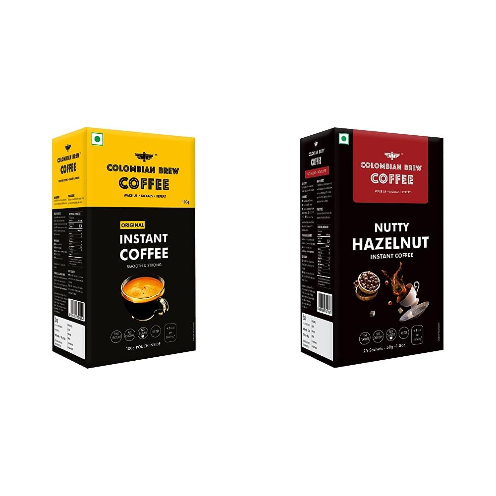 COLOMBIAN BREW COFFEE Pure Instant Coffee Powder, Strong 100g, Box & Colombian Brew Hazelnut Instant Coffee Powder, No Sugar Vegan, 50gm