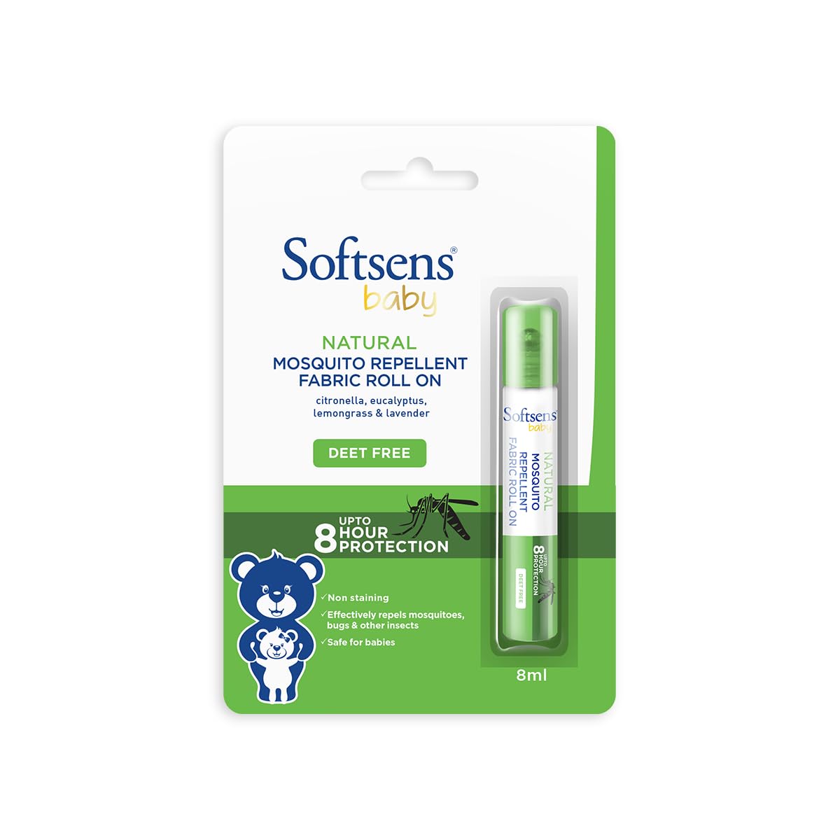 Softsens Baby Natural Mosquito Repellent Fabric Roll-On - 8ml | Non-Sticky Mosquito Repellent With Upto 8 Hrs Protection | Paediatrician Certified, Pack of 1