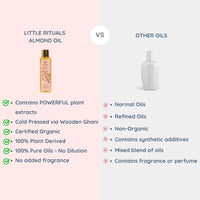 Little Rituals SWEET ALMOND (BADAM OIL) Baby Massage Oil and Hair oil, Cold Pressed and Certified ORGANIC with SWISS Plant Actives. Dermatologist Tested by Pediatrics, Mild & Gentle & Safe (200 ML)