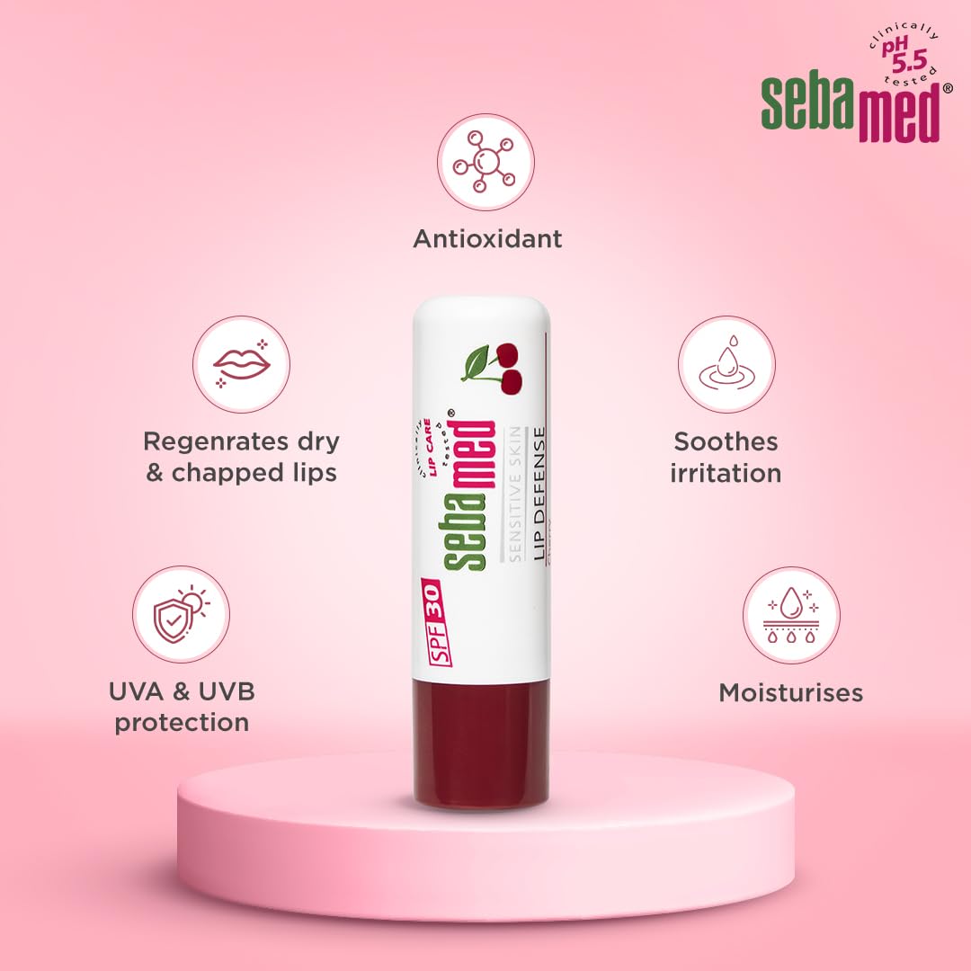 Sebamed Lip defense 4.8gm, Cherry | SPF 30 |Lip balm for Dry & Chapped lips with natual oil & Vitamin E | UV protection | Dermatologically tested