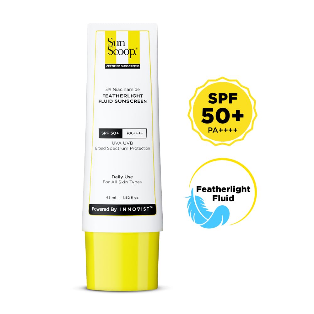 SunScoop 3% Niacinamide Fluid Sunscreen | Ultra-Light Texture | SPF 50+ PA++++| Fast Absorption, Prevents Tanning & Sunburn | 8 Hrs+ SPF Protection, for Oily Skin & No White Cast | Reduces pigmentation | All SkinTypes | 45ml
