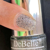 DeBelle Gel Nail Polish Estella (Silver with Black Glitter Sugar Finish Nail Paint)|Non UV - Gel Finish |Chip Resistant | Seaweed Enriched Formula| Long Lasting|Cruelty and Toxic Free| 8ml