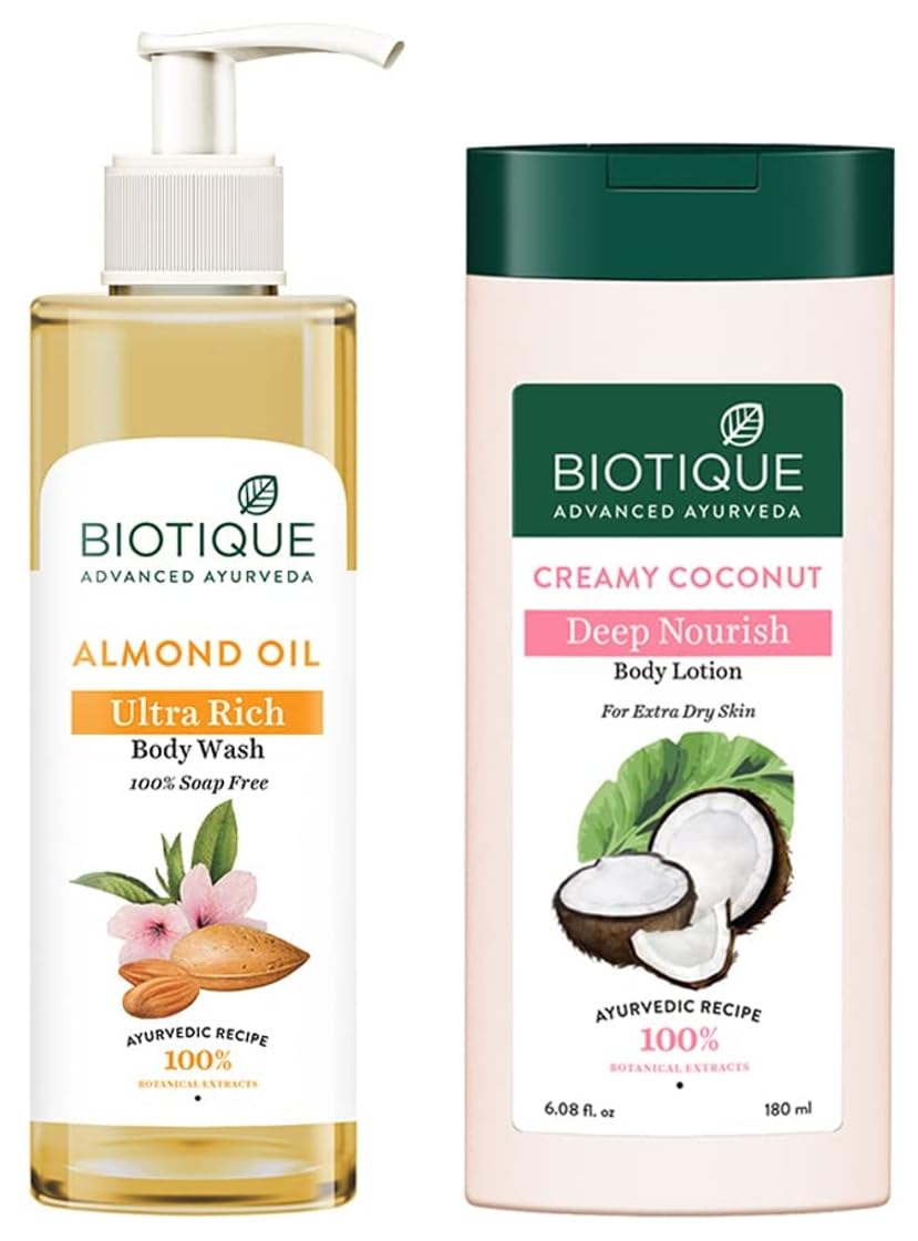 Biotique Almond Oil Ultra Rich Body Wash, Botanical Extracts, 200ml & Bio Creamy Coconut Ultra-Rich Body Lotion For Extra Dry Skin, 180ml