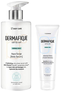 Dermafique Aquasurge Body Serum for Normal Skin, Dermatologist Tested (300ml) And Dermafique Absolute Detox Facial Cleanser for Normal To Dry Skin, Dermatologist Tested, Soap Free (100 ml)