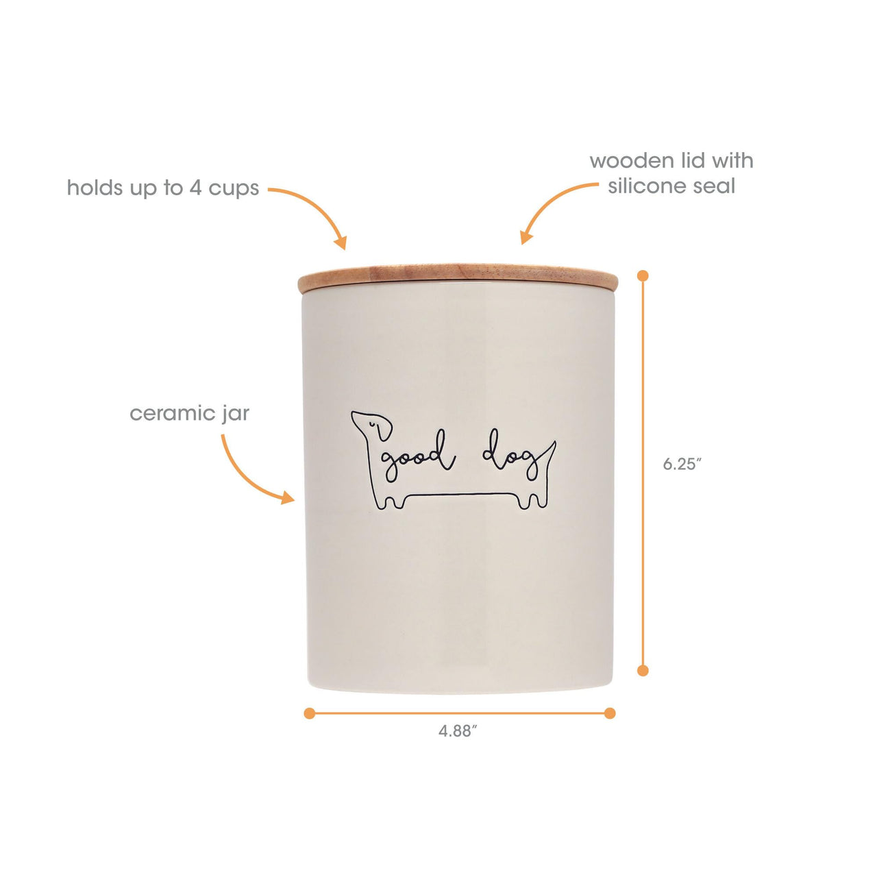 Pearhead Good Dog Treat Jar, Ceramic and Wood Pet Treat Canister, Neutral Modern Kitchen Decor, Pet Accessories, Dog Biscuit Storage Jar, Freshness Seal, Holds 4 Cups Treat Jar - Good Dog