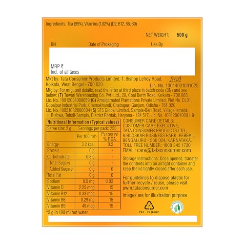 Tata Tea Gold Vitacare | Tea With Power Of 4 Vitamins | Vitamin D | Vitamin B6 | Vitamin B9 | Vitamin B12 | Loose Leaf Black Tea | 500 Gram