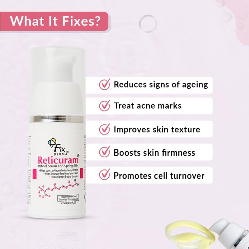 Fixderma .05% Pure Retinol Reticuram Face Serum for Anti Aging, Boost Collagen, Night Face Serum with Retinol & Vitamin C to Reduce Fine Lines & Wrinkles for Unisex - 15ml