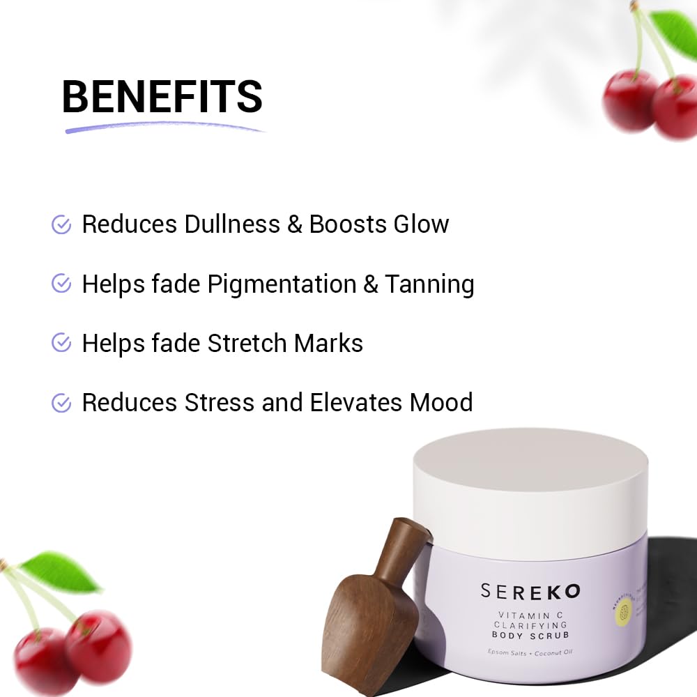 SEREKO Clarifying Gentle Exfoliation Body Scrub made with Fine textured Bath salts, Psycodermatology Formula, Vitamin C and Epsom salts, Skin Brightening Formula & Removes Dead Skin. 100g