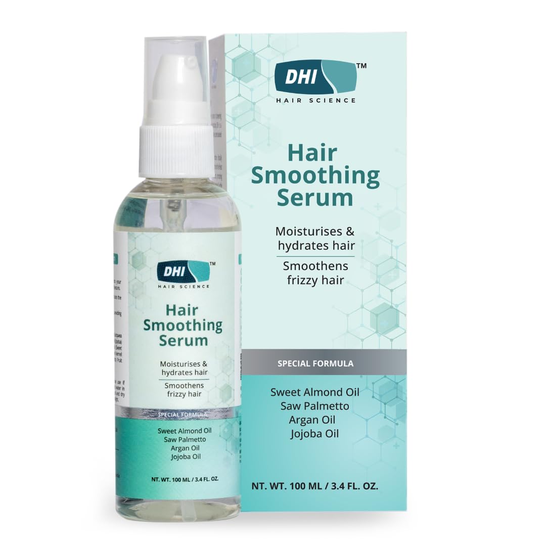 DHI Smoothing Hair Serum For Dry & Frizzy Hair | Moisturises & Hydrates Hair | Smoothness Hair Texture | Enriched with Sweet Almond Oil, Saw Palmetto, Argan Oil & Jojoba Oil | Antioxidant Properties | For Men & Women | Sulphate & Paraben Free | 100 ml